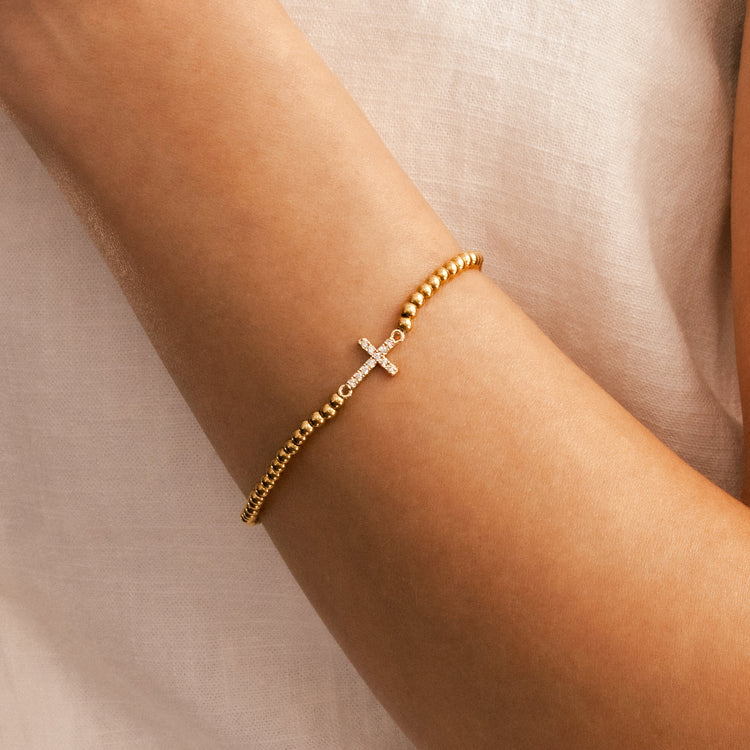 Gold Beaded Cross Stretch Bracelet — view 2