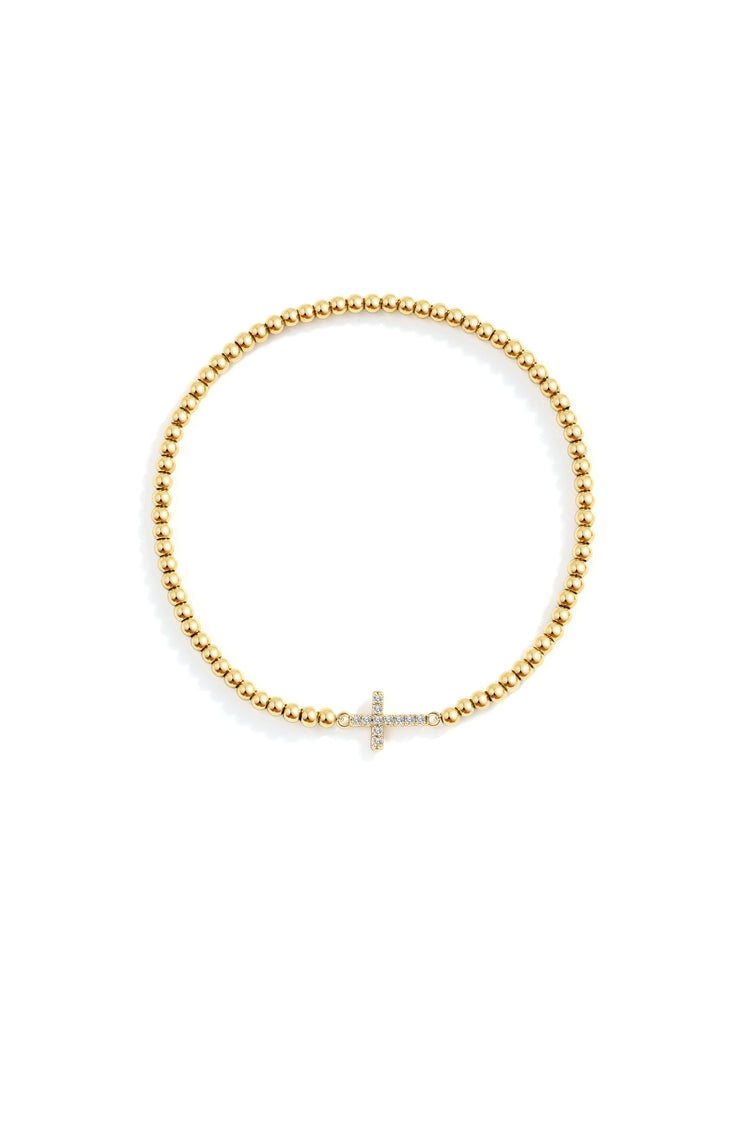 Gold Beaded Cross Stretch Bracelet — view 6