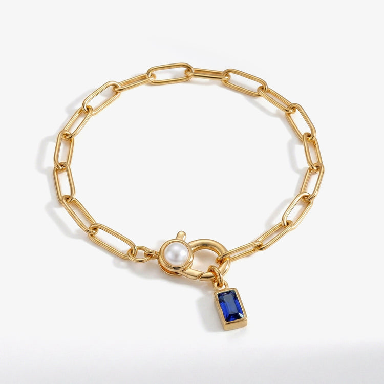 Paperclip Bracelet with Pearl Accent & Baguette Birthstone Charm — view 10