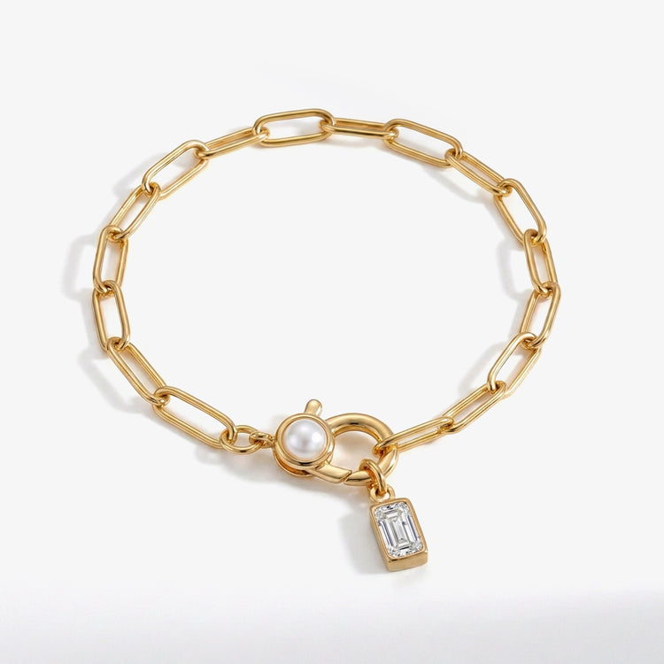 Paperclip Bracelet with Pearl Accent & Baguette Birthstone Charm — view 11