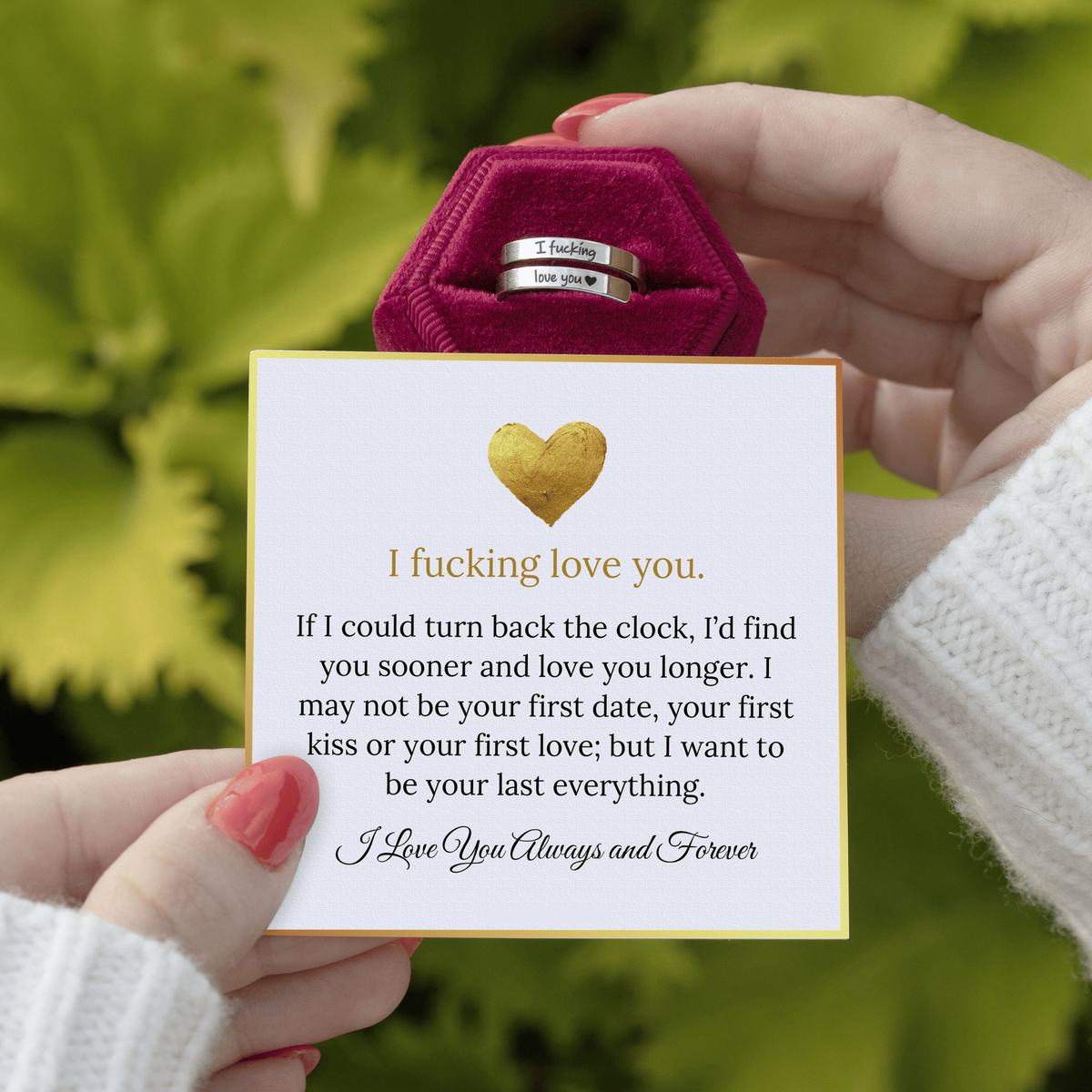 Ring in velvet gift box with the message card