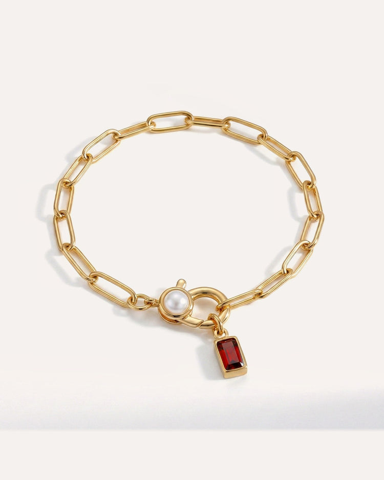 Paperclip Bracelet with Pearl Accent & Baguette Birthstone Charm by MATCHIN