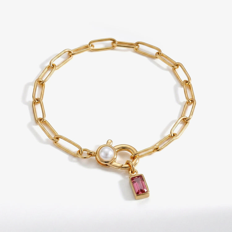 Paperclip Bracelet with Pearl Accent & Baguette Birthstone Charm — view 9