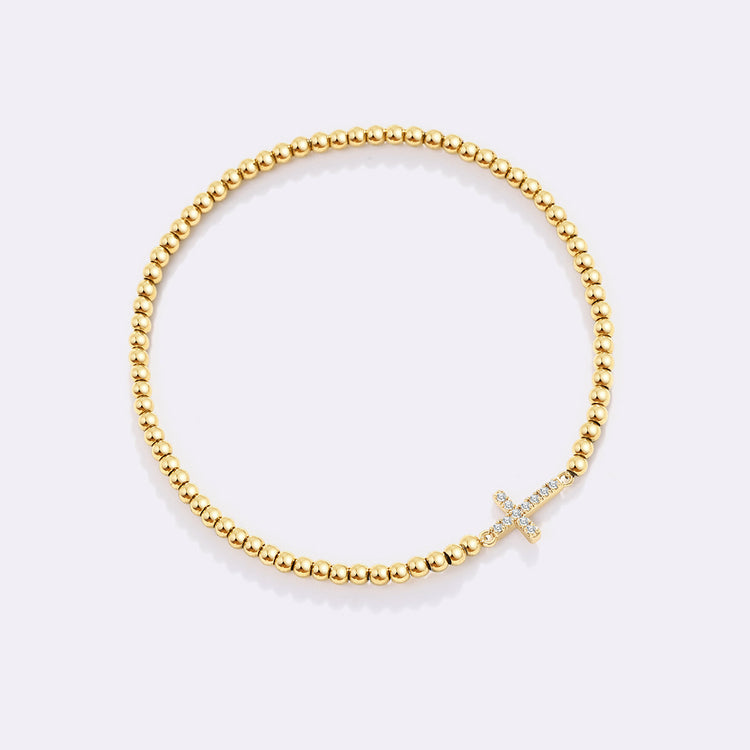 Gold Beaded Cross Stretch Bracelet — view 10