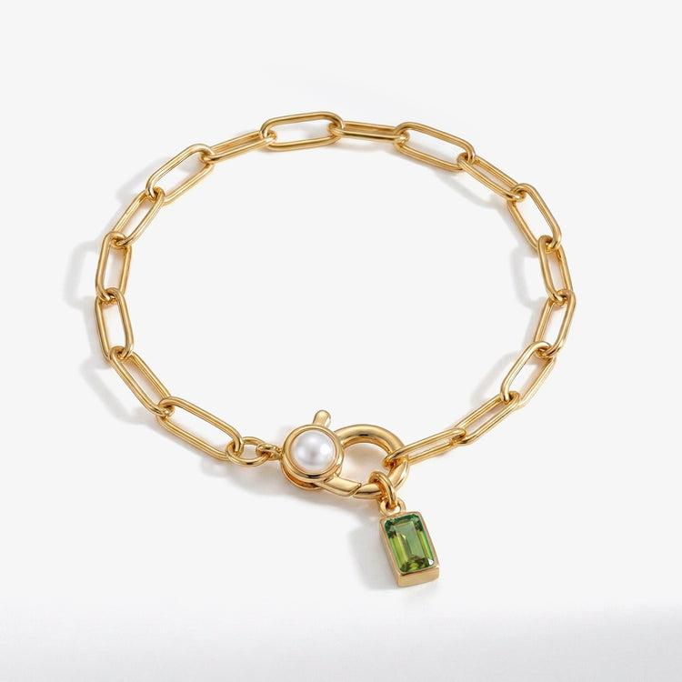 Paperclip Bracelet with Pearl Accent & Baguette Birthstone Charm — view 12