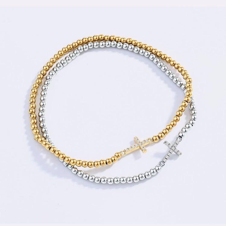 Gold Beaded Cross Stretch Bracelet — view 11