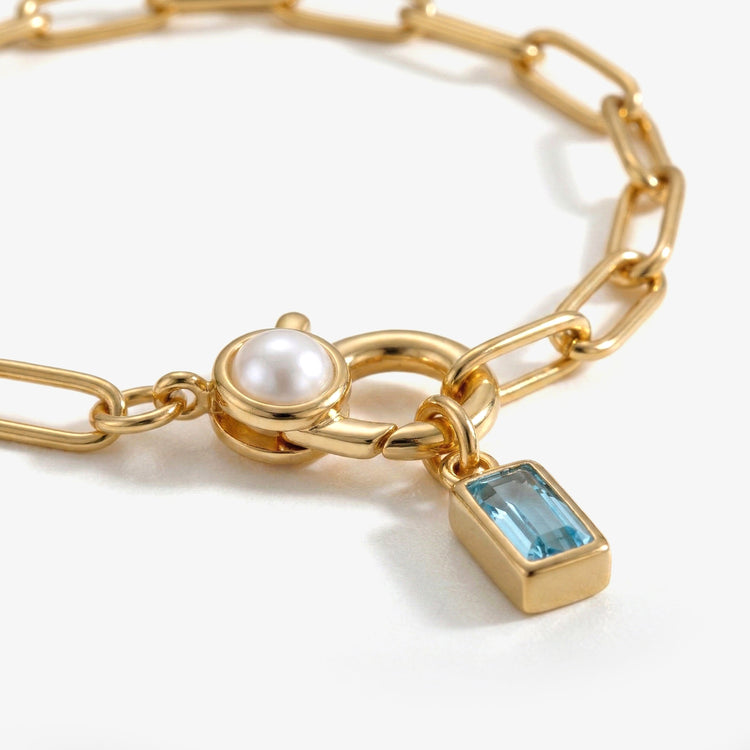 Paperclip Bracelet with Pearl Accent & Baguette Birthstone Charm — view 2